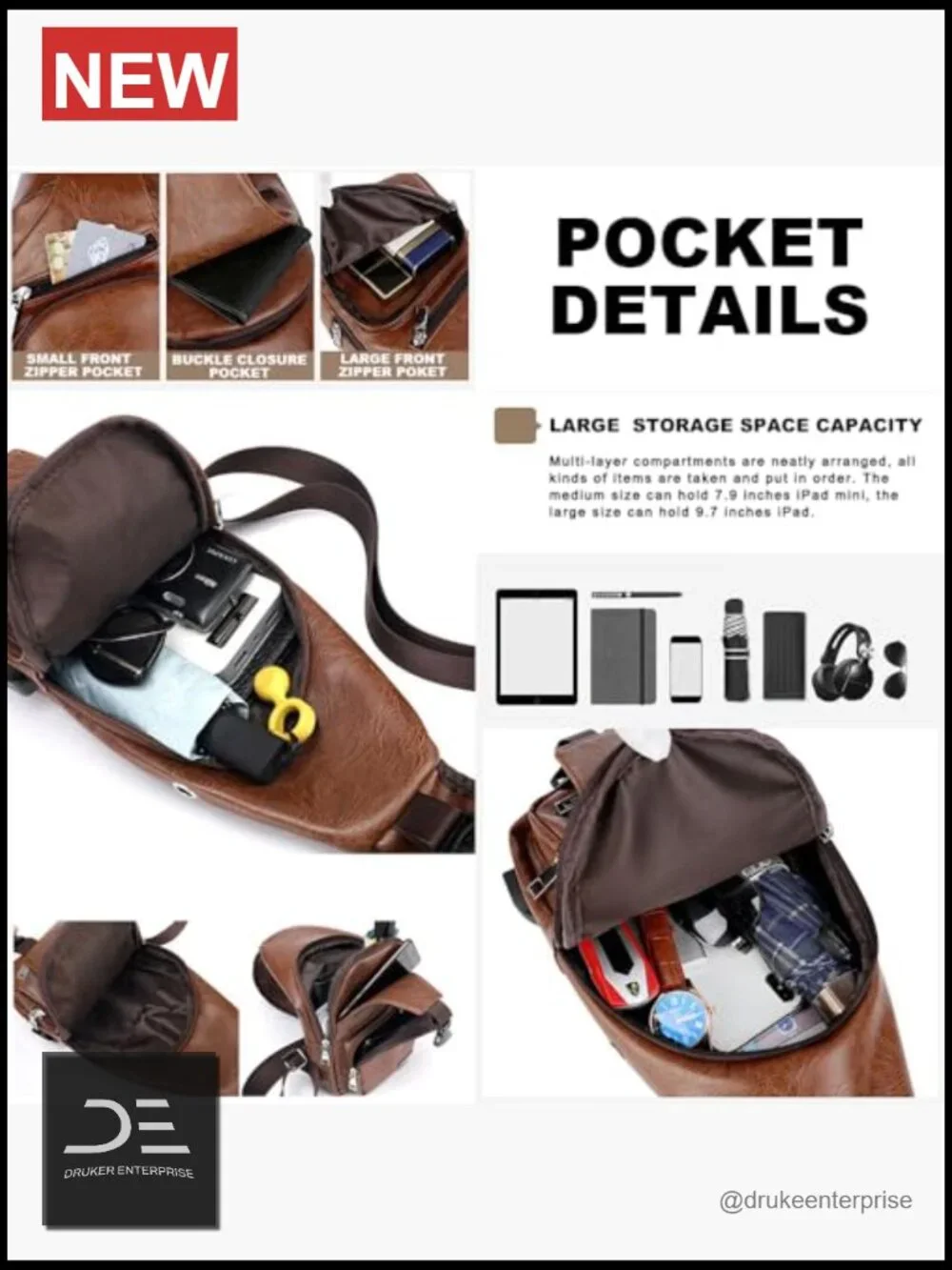 Leather Sling Bag Crossbody Backpack with USB Charge Port
